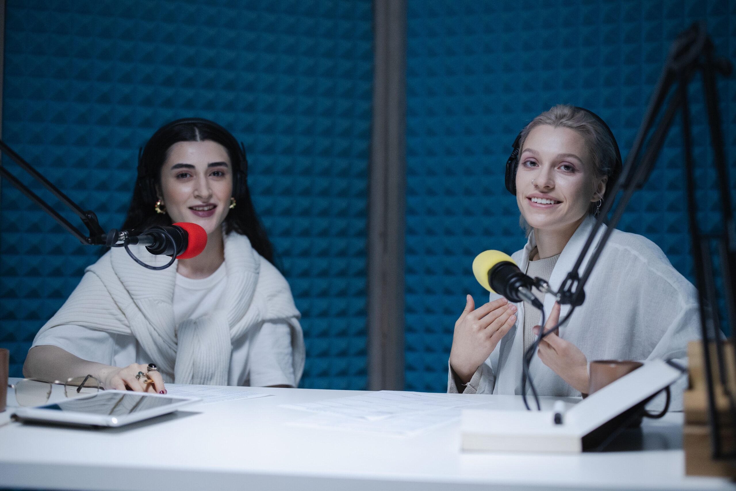 2 women talking on podcast