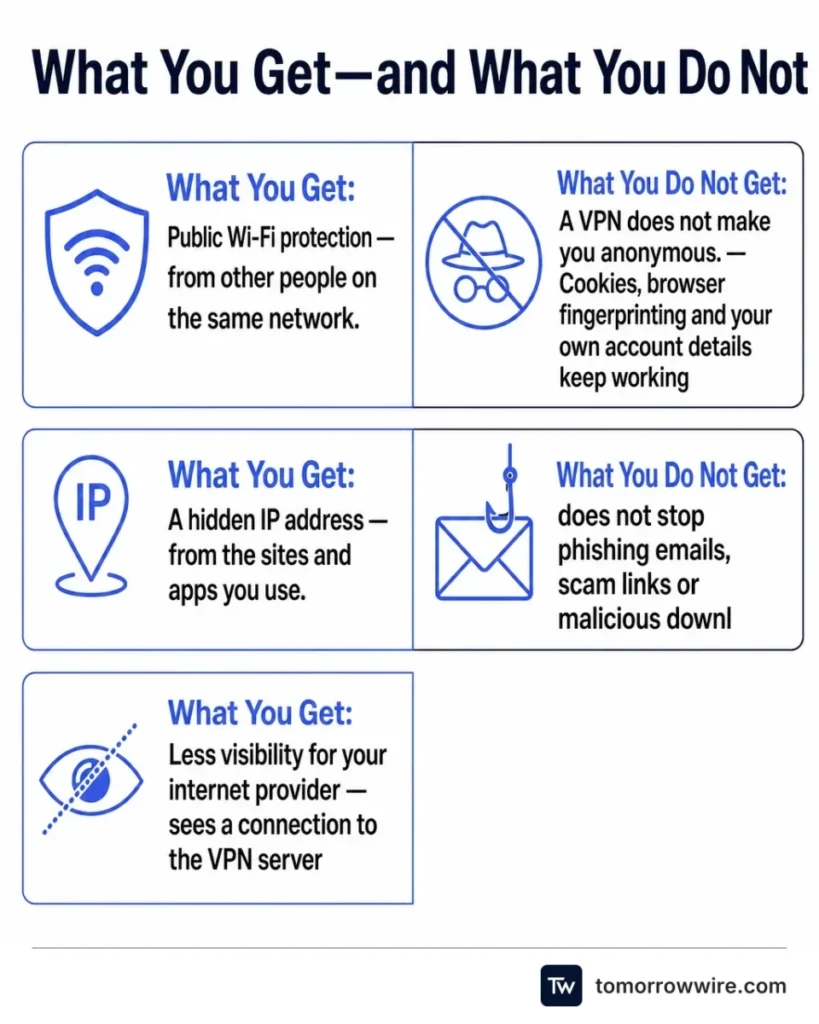 Comparison showing that a VPN provides public Wi-Fi protection, hides your IP address and reduces internet provider visibility, but does not make you anonymous or stop phishing emails, scam links or m